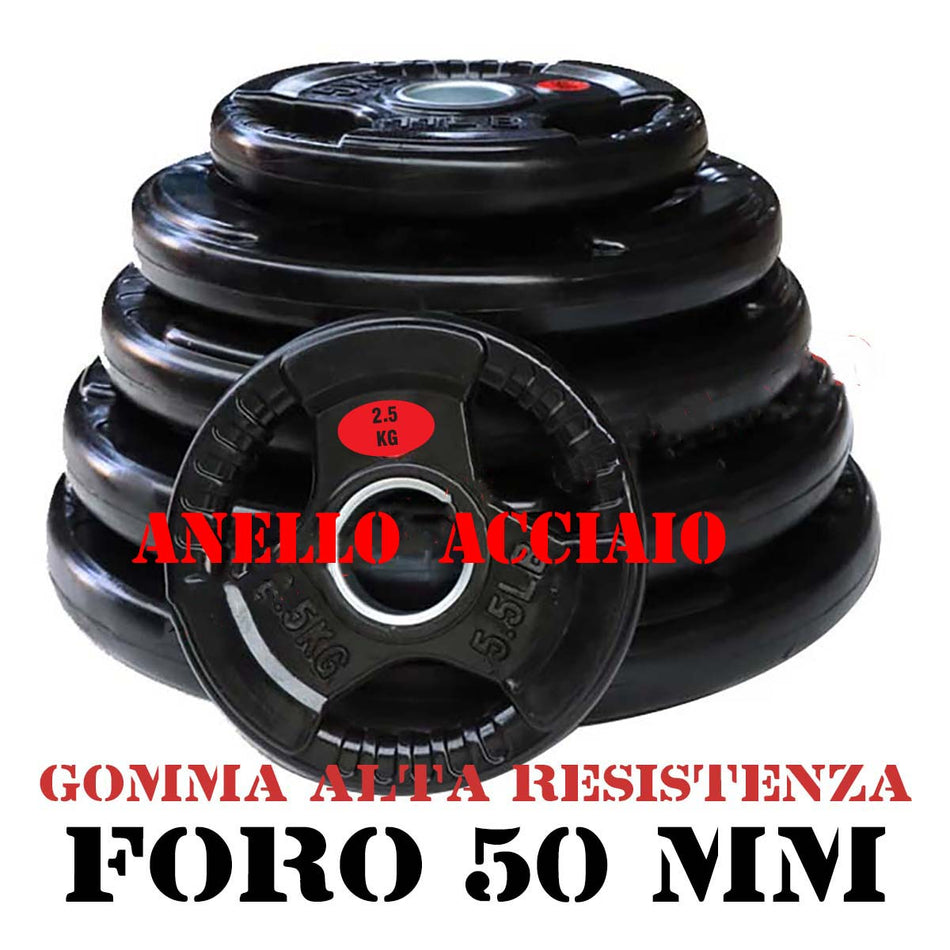 DISCO GHISA GOMMATO FORO 50 MM 25 KG  PIASTRE PESO TRIGRIP PESI PALESTRA COMPATIBILE CON TECHNOGYM